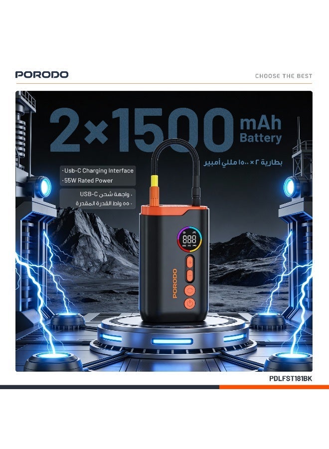 porodo Lifestyle Electric Air Inflator with 4 Inflation Mode and Heat Dissipation / High-Pressure Power /  Ultra-Compact Pump / Portable Inflator - Black - Image 5